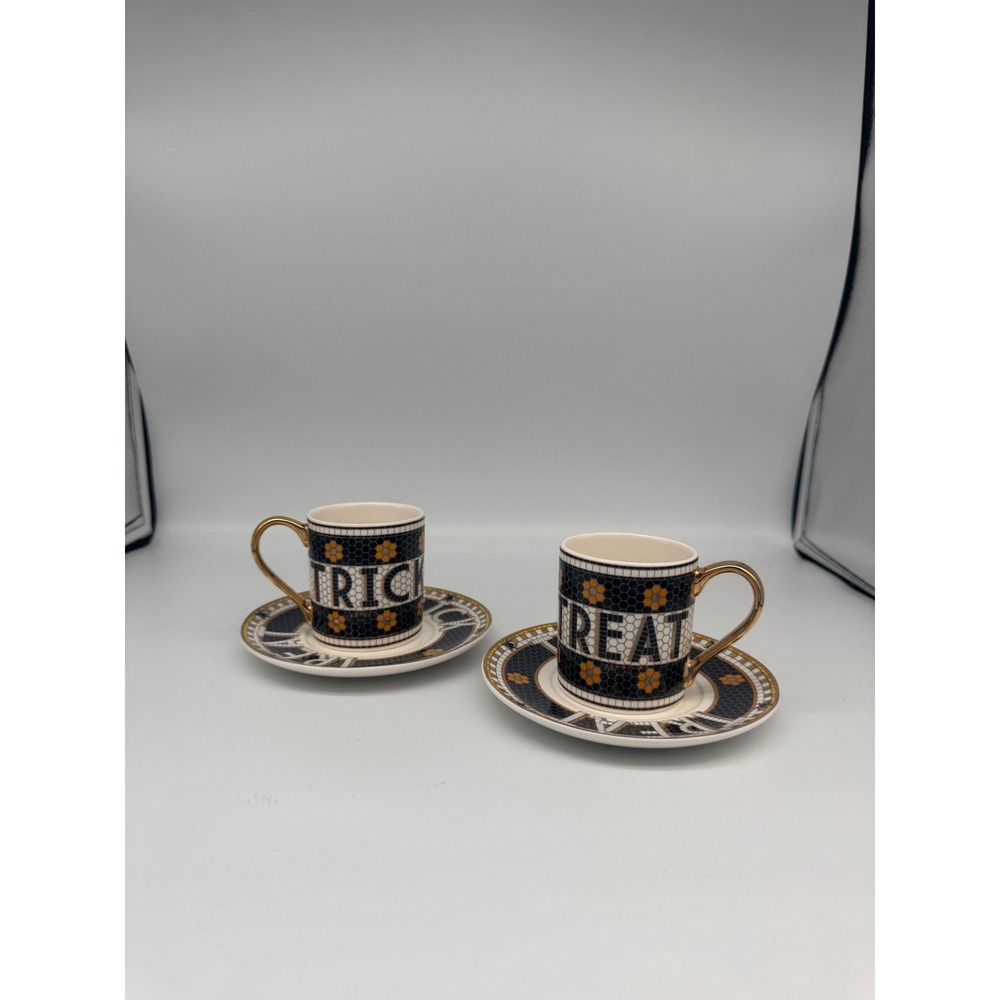 Anthropologie Bistro Tile Trick or Treat Espresso Cup and Saucer Set Halloween - Picture 3 of 6